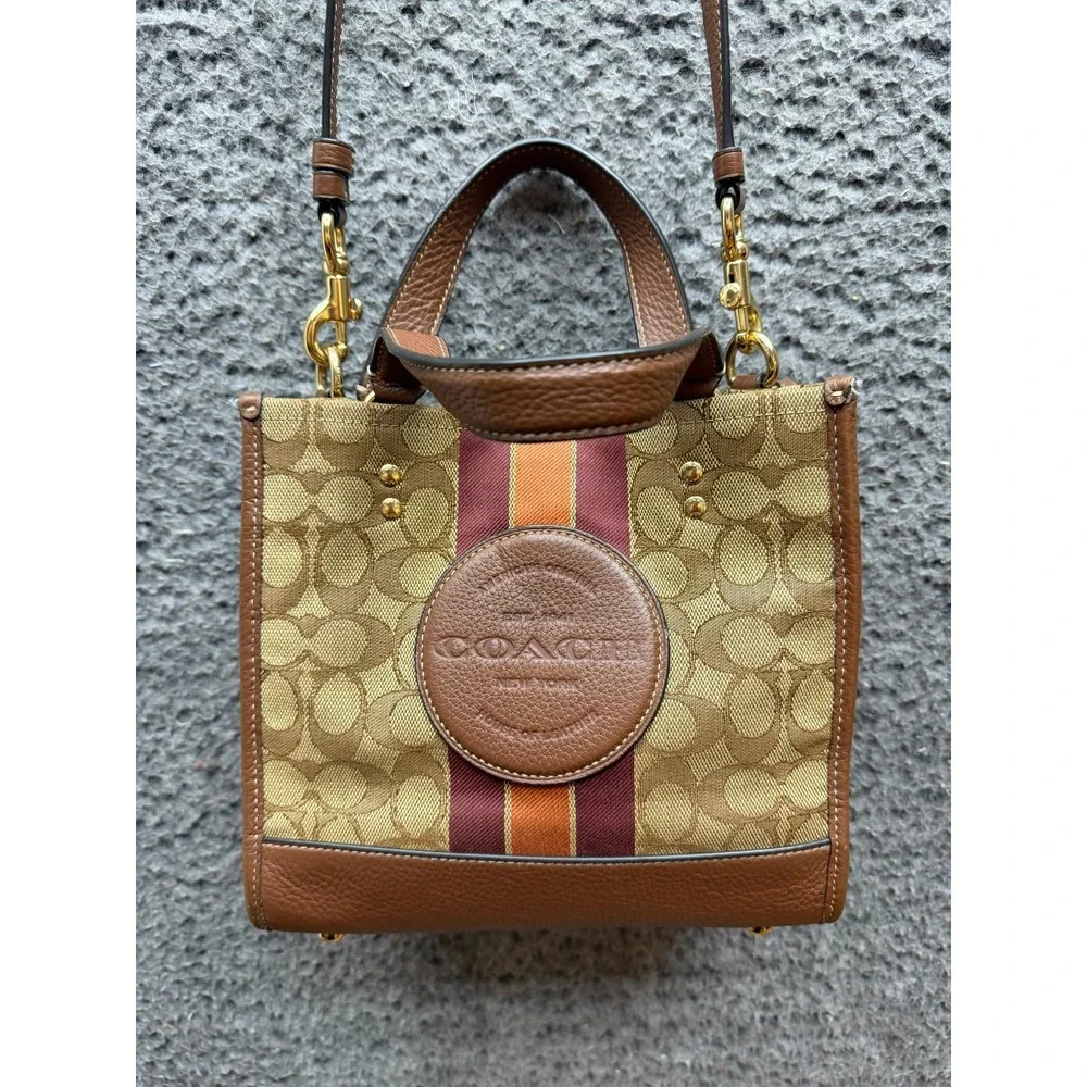 Coach Dempsey Tote Bag Signature Jacquard Stripe Coach Patch C8417 Khaki Red